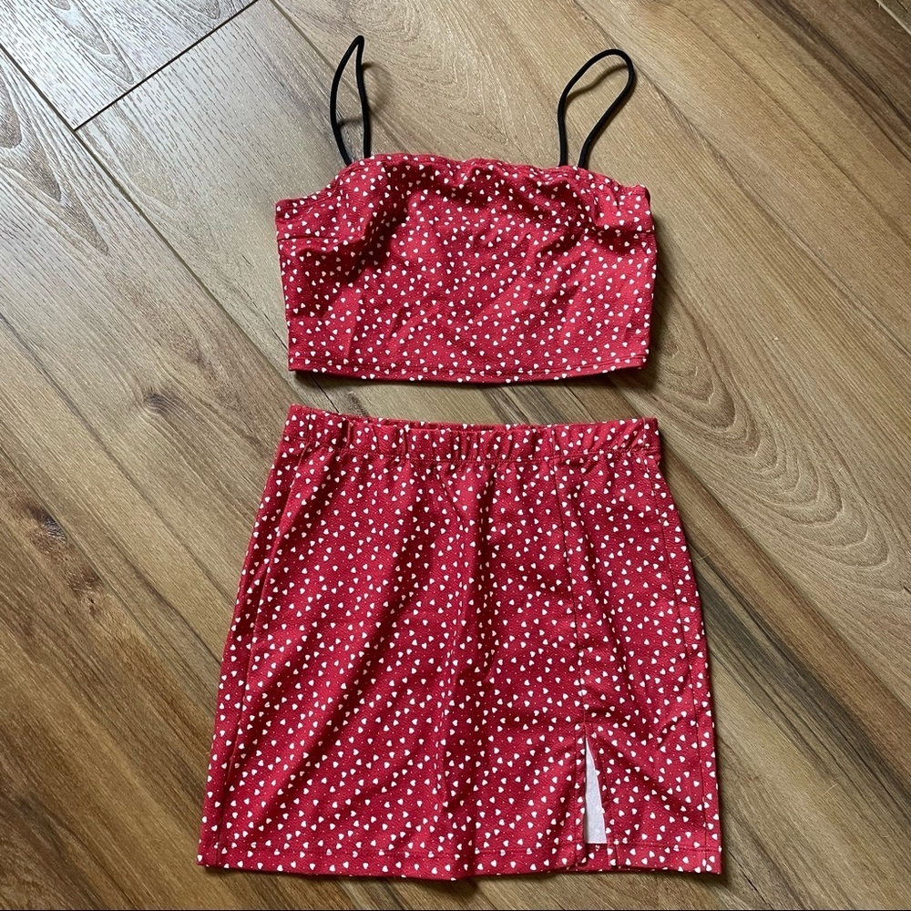 Shein red with white heart print spaghetti strap top and skirt set size small